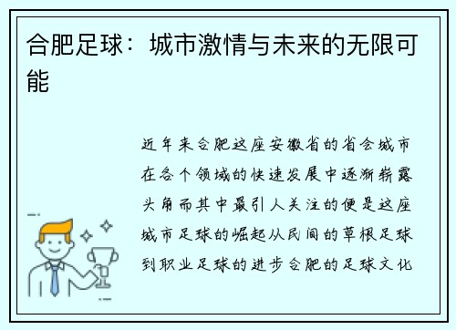 合肥足球：城市激情与未来的无限可能