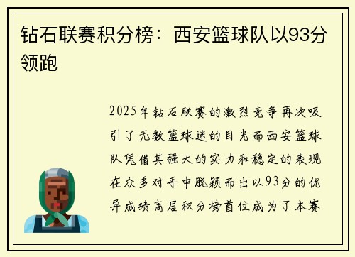 钻石联赛积分榜：西安篮球队以93分领跑