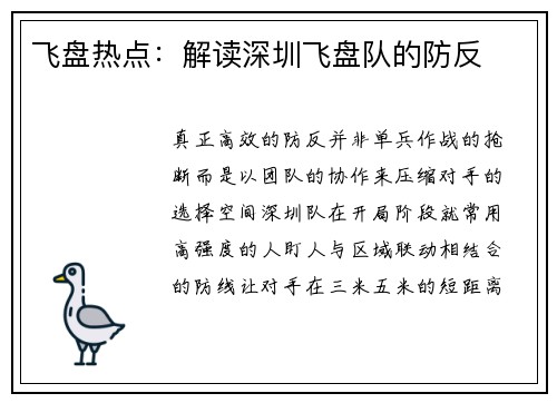 飞盘热点：解读深圳飞盘队的防反